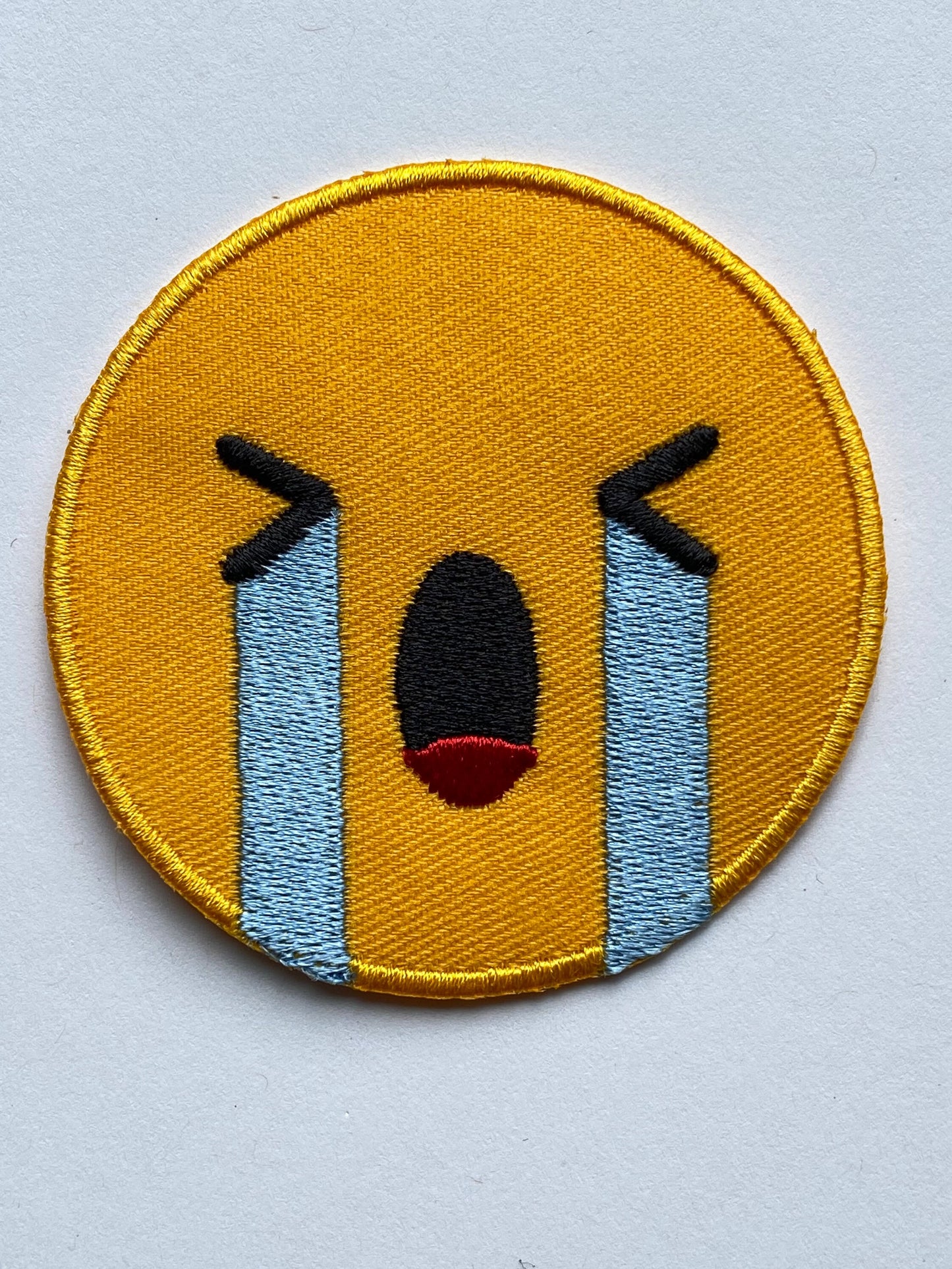 Loudly Crying Face emoji Embroidered Iron on Sew on Patch Badge For Clothes etc.7cm