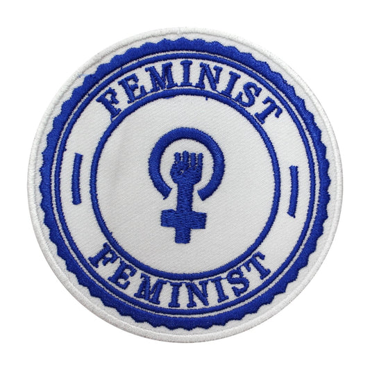 Feminist text patch, Awareness patch, Feminist Hand fist Blue Round patch , Embroidered Iron on Sew on Patch Badge For Clothes etc. 9cm